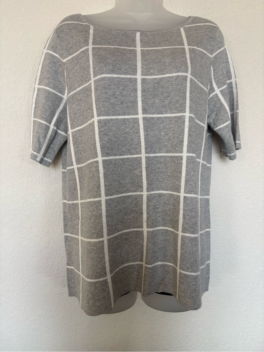 Ann Taylor Gray and White Windowpane Crewneck Sweater